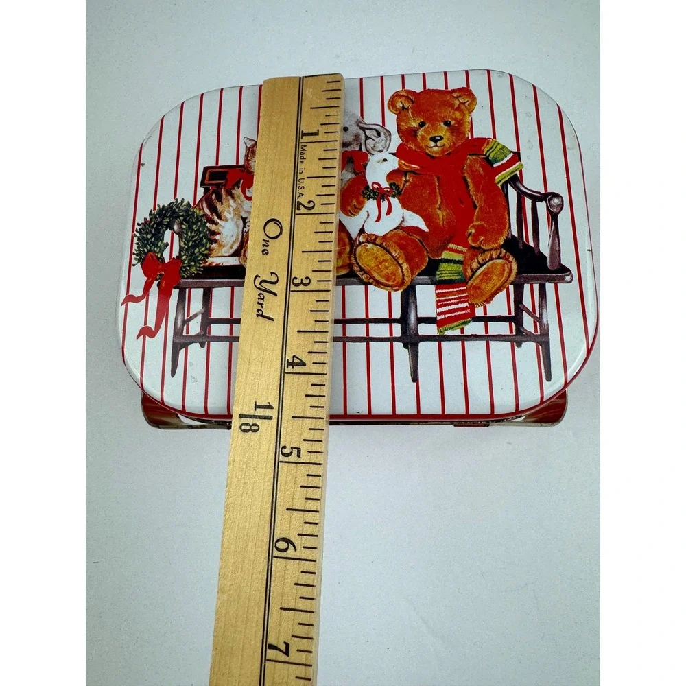 Vintage Christmas Holiday Tin Teddy Bear Cat Dog Picnic Basket Style Red White